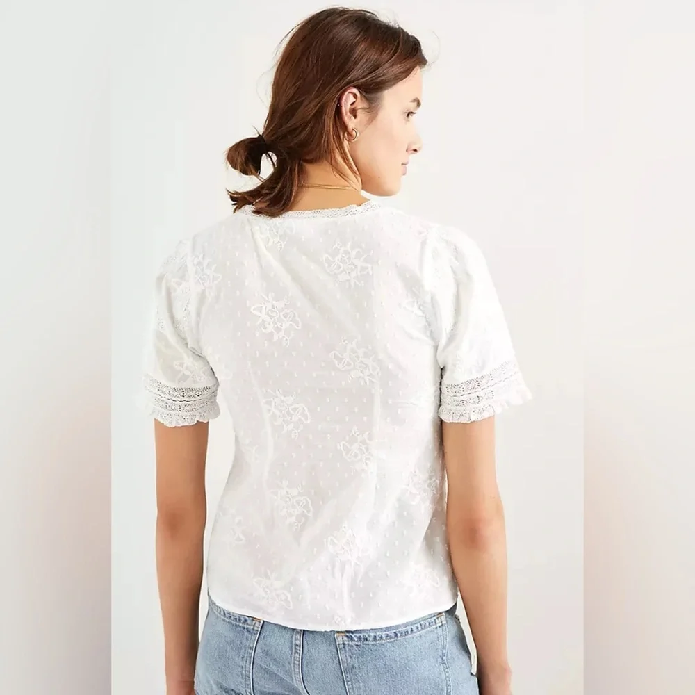 Anthropologie White Puff Sleeve Ruffled Blouse Sz‎ 10